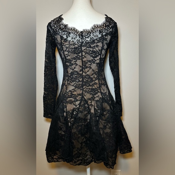 Black Lace Long Sleeve Mini Dress Sheer Floral Goth Fairy Romantic Fit & Flare - Picture 3 of 9